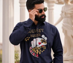 Navy Blue Hand-Painted Money Maker Shirt for Perfect Mens Collection